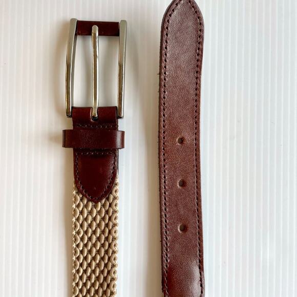 Leather Woven Elastic Belt Unisex S Silver Buckle Preppy Collegiate Classic - Picture 3 of 10